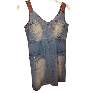 3411) Denim V neck Pockets Overall Mini Dress  Small?
